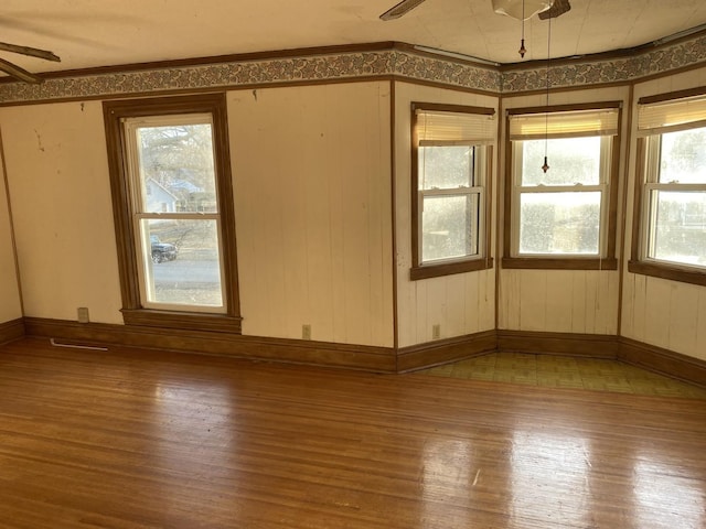 empty room featuring a ceiling fan, a wealth of natural light, and wood finished floors