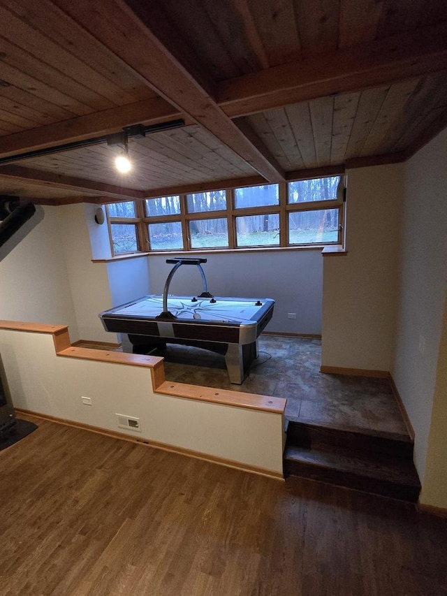 rec room with wood ceiling, baseboards, beam ceiling, and wood finished floors