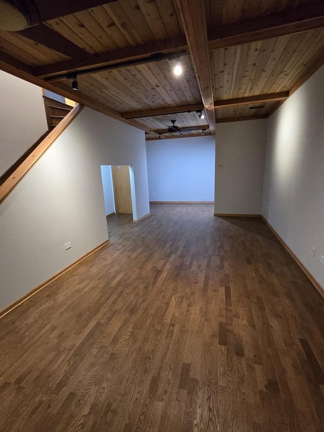 interior space featuring beamed ceiling, wood finished floors, wood ceiling, and baseboards