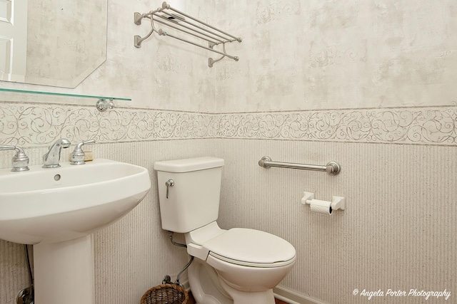 bathroom with a wainscoted wall, a sink, and toilet