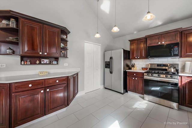 kitchen featuring open shelves, decorative light fixtures, backsplash, appliances with stainless steel finishes, and light countertops