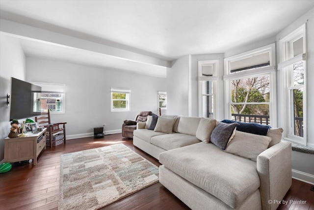 living room with baseboards and dark wood-style flooring