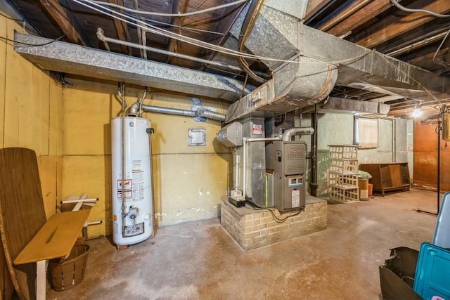 unfinished basement with heating unit and water heater