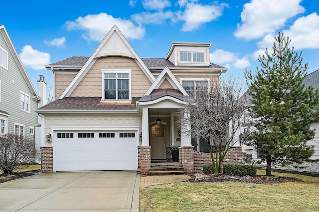 view of front of house with brick siding, a front yard, roof with shingles, a garage, and driveway