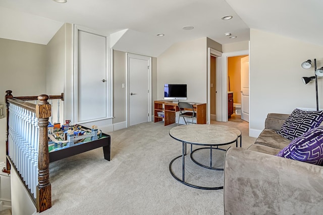 living room featuring recessed lighting, baseboards, light carpet, and lofted ceiling