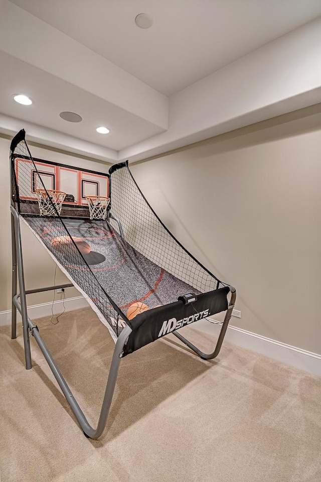 stairway featuring carpet flooring, recessed lighting, and baseboards