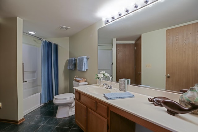 bathroom featuring tile patterned flooring, toilet, visible vents, vanity, and shower / bath combo with shower curtain