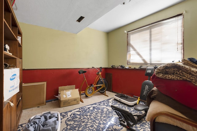 living area with carpet floors and a textured ceiling