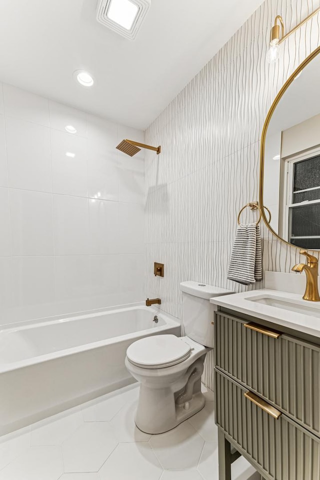 bathroom featuring shower / tub combination, toilet, recessed lighting, vanity, and tile patterned floors