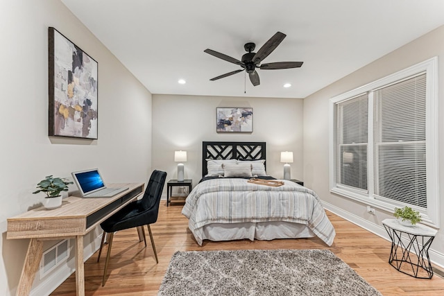 bedroom featuring visible vents, baseboards, ceiling fan, light wood-style floors, and recessed lighting