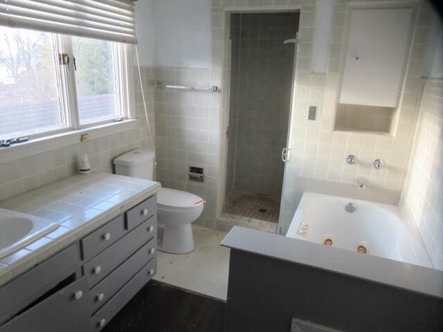 bathroom with tile walls, toilet, a shower stall, vanity, and a jetted tub