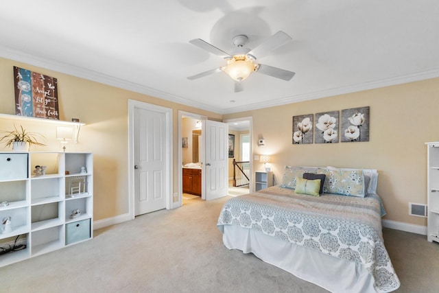 bedroom with visible vents, baseboards, light colored carpet, and ornamental molding