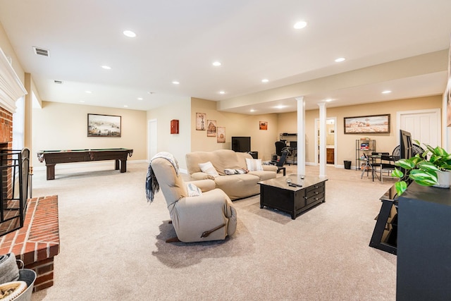 living area with billiards, visible vents, ornate columns, recessed lighting, and light colored carpet