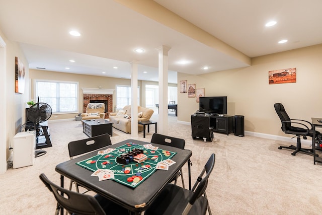 rec room with recessed lighting, carpet floors, a fireplace, decorative columns, and baseboards