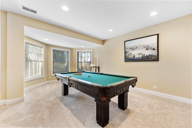 playroom featuring pool table, carpet, visible vents, and baseboards