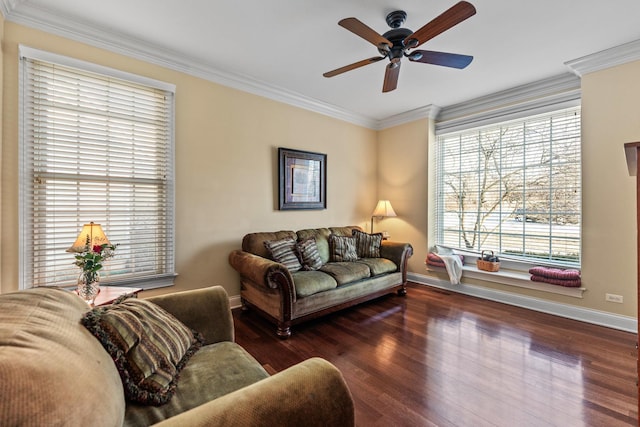 living area with ceiling fan, wood finished floors, baseboards, and ornamental molding