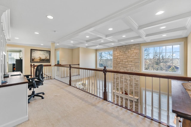 carpeted office space featuring beamed ceiling, recessed lighting, coffered ceiling, and ornamental molding