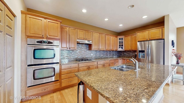 kitchen featuring stainless steel appliances, a sink, under cabinet range hood, and tasteful backsplash