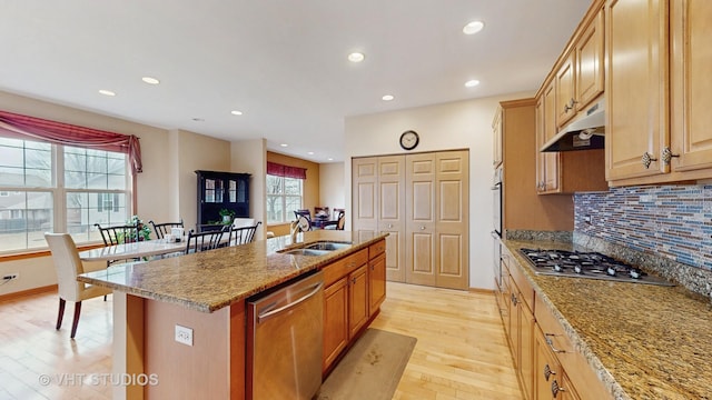 kitchen featuring an island with sink, light wood-style flooring, light stone counters, stainless steel appliances, and under cabinet range hood