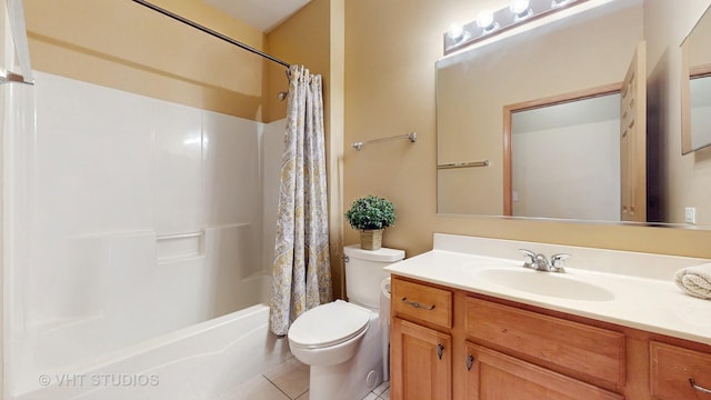 full bathroom with toilet, tile patterned flooring, shower / bath combination with curtain, and vanity