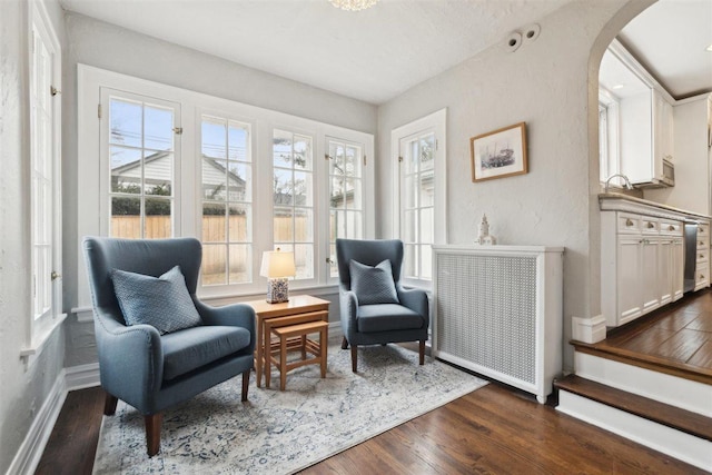 living area featuring dark wood-style floors, arched walkways, a healthy amount of sunlight, and baseboards