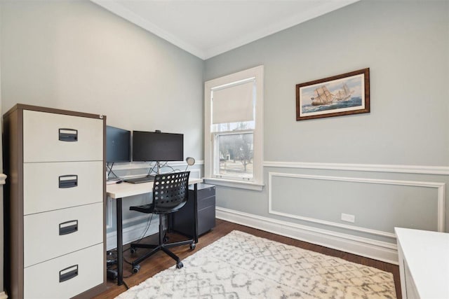 office space featuring crown molding and dark wood finished floors