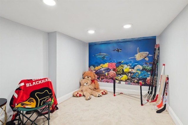 recreation room with carpet, baseboards, and recessed lighting