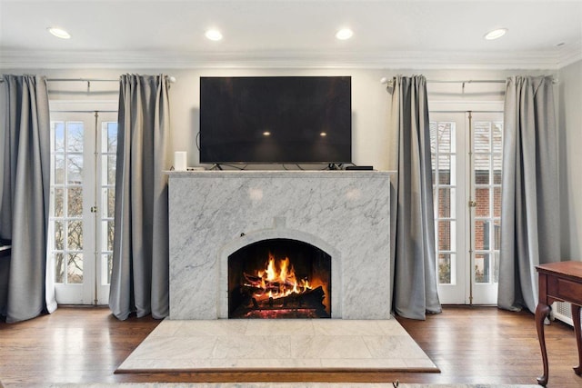 living room with crown molding, a fireplace, wood finished floors, and a healthy amount of sunlight