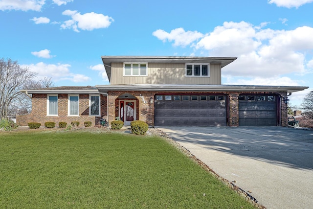 view of front of home featuring a garage, brick siding, concrete driveway, and a front lawn