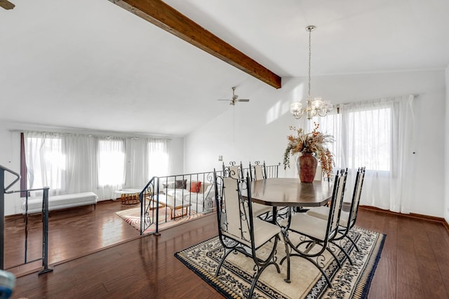 dining room featuring hardwood / wood-style floors, lofted ceiling with beams, and ceiling fan with notable chandelier