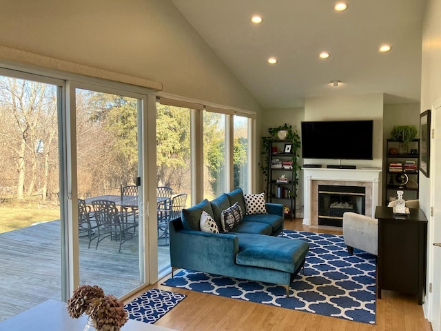 living room with a fireplace, high vaulted ceiling, wood finished floors, and recessed lighting