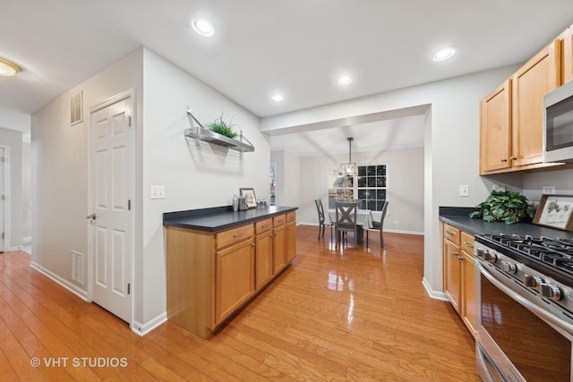 kitchen featuring light wood-style floors, stainless steel appliances, and dark countertops