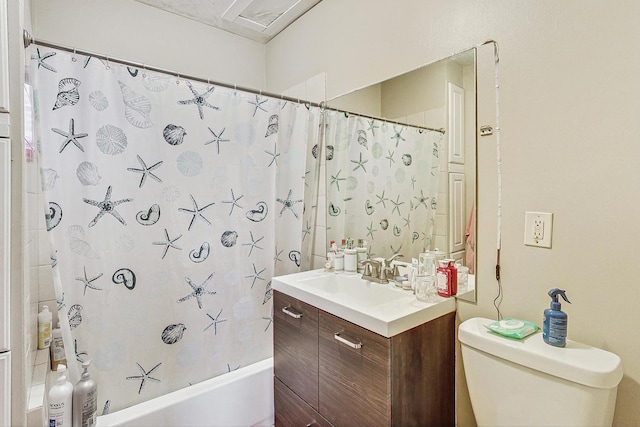 full bathroom with toilet, shower / bathtub combination with curtain, and vanity