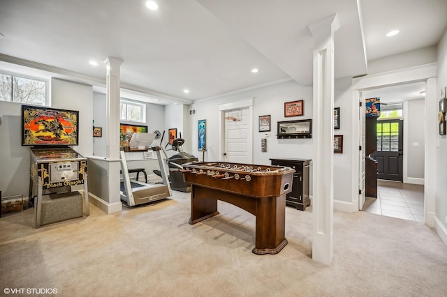 rec room featuring baseboards, tile patterned floors, crown molding, carpet floors, and recessed lighting