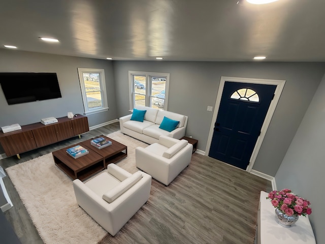 living area featuring baseboards, wood finished floors, and recessed lighting