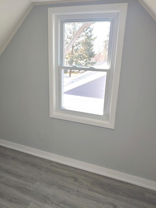 additional living space featuring lofted ceiling, dark wood-style floors, plenty of natural light, and baseboards