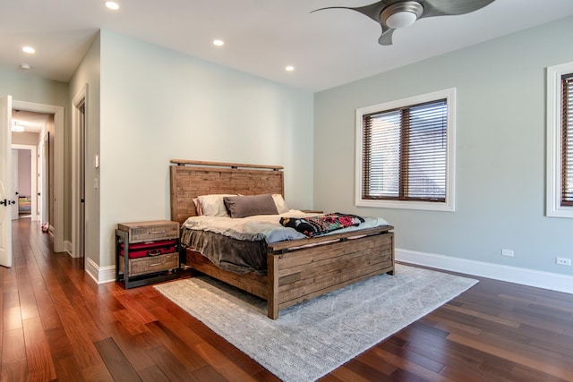 bedroom with recessed lighting, baseboards, dark wood-style floors, and a ceiling fan