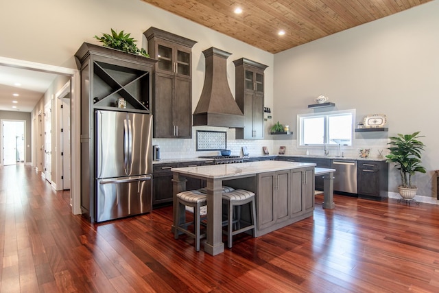 kitchen featuring a kitchen island, premium range hood, dark wood finished floors, wood ceiling, and stainless steel appliances