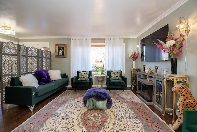 living room with crown molding and wood finished floors