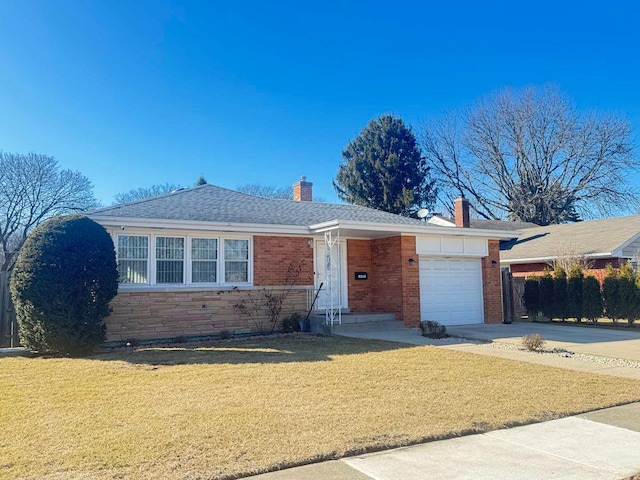 ranch-style house featuring a garage, a front yard, brick siding, and driveway