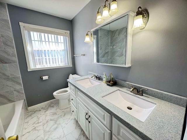 bathroom with marble finish floor, a sink, toilet, and walk in shower