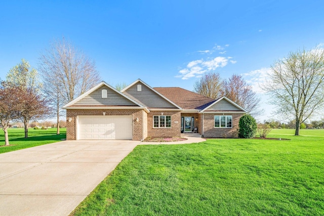 craftsman inspired home featuring concrete driveway, an attached garage, a front lawn, and brick siding