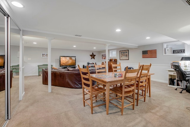 dining room featuring a wainscoted wall, recessed lighting, visible vents, and light colored carpet