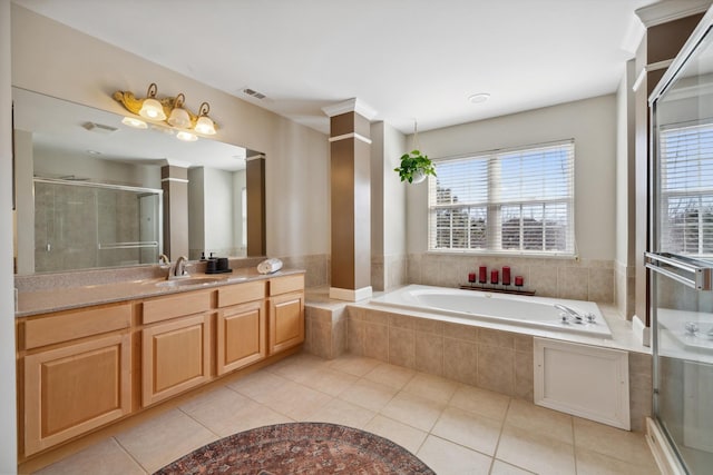 bathroom with tile patterned flooring, visible vents, a garden tub, and a shower stall