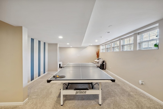 rec room featuring recessed lighting, carpet flooring, and baseboards