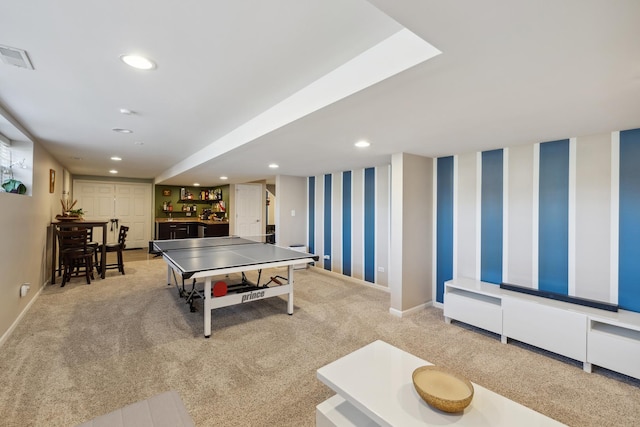 game room with recessed lighting, carpet floors, visible vents, baseboards, and wallpapered walls