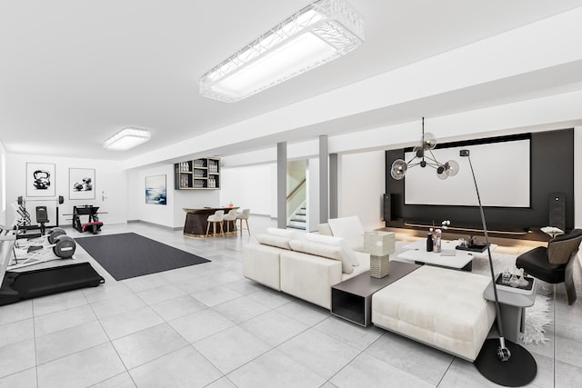 living room with stairs, an inviting chandelier, and tile patterned floors