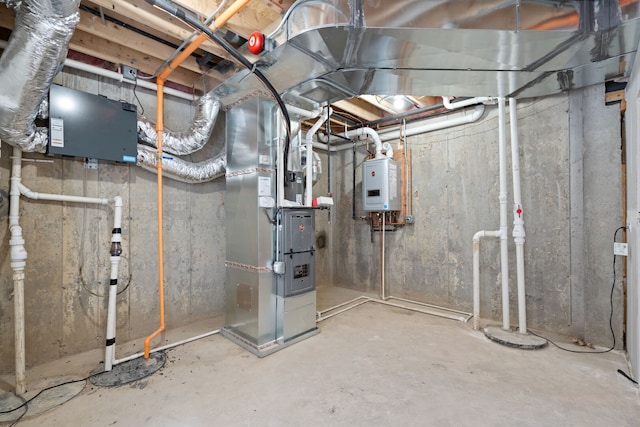 unfinished basement featuring water heater and heating unit