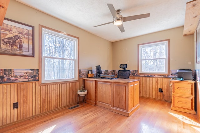 office featuring light wood finished floors, a wainscoted wall, visible vents, and wooden walls