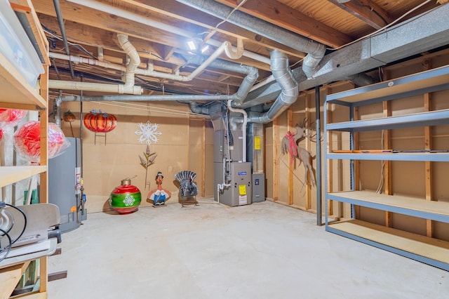 unfinished basement featuring heating unit